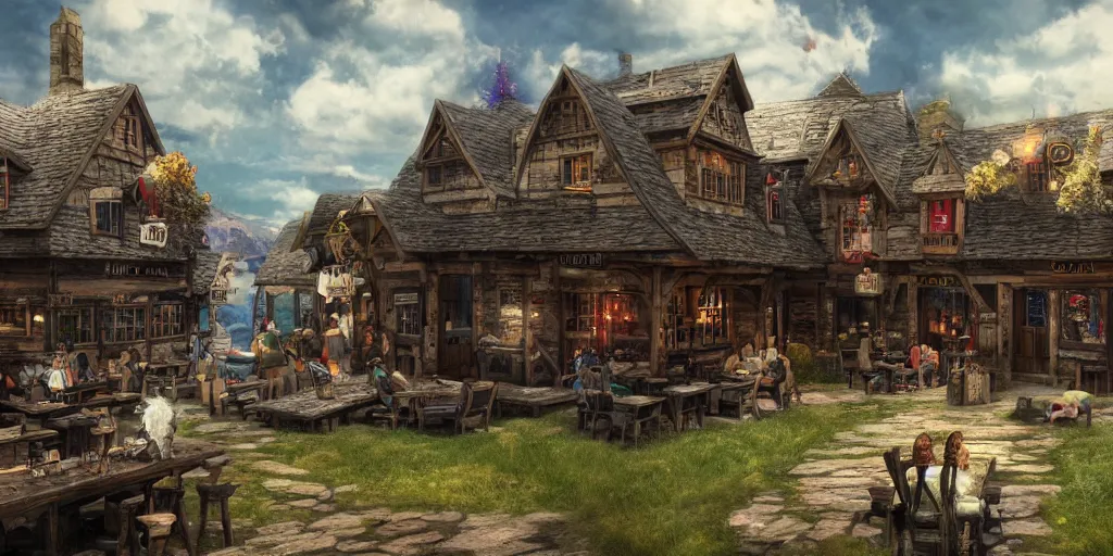 Prompt: howl\'s moving taverns, exterior lanscape shot, tilt-shifted, high quality art, 4k