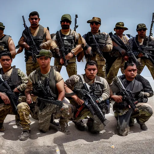 Image similar to heavily armed battalion of thirty drug cartel members, shoulder - to - shoulder, with fully decked - out equipment, long shot photography, harsh overhead sunlight, midday, summer, high - key lighting