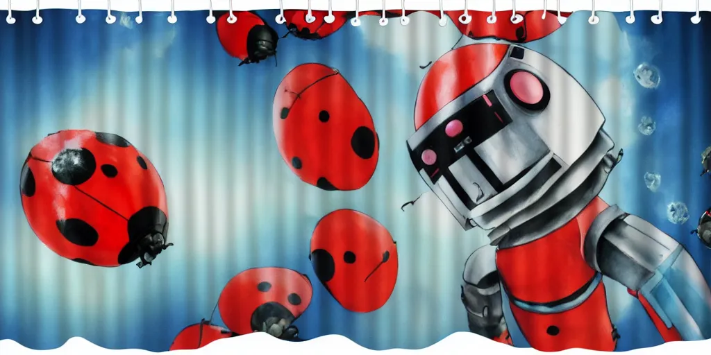 Image similar to shower curtain product catalog. wide - angle photo. on the curtain is a low - angle hero - shot watercolor of a ladybug robot. the robot has an epic showdown with darth vader. the water color has ink under drawing. highly coherent, product photography of a shower curtain, product lighting. 4 k, highly detailed. saturated.