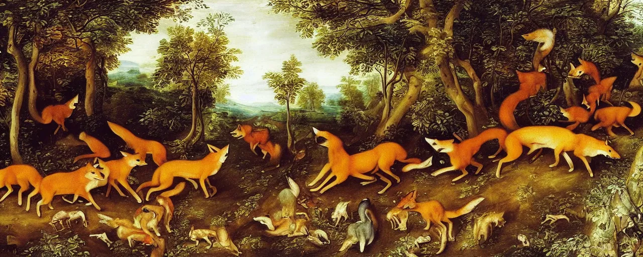 Image similar to A group of foxes and wolves running through the forest, masterwork painting by Jan Brueghel the Elder