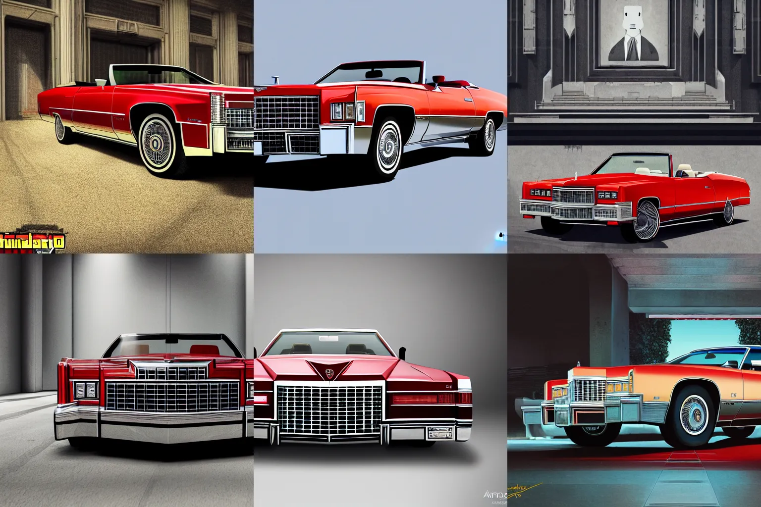 Prompt: imposing symmetrical picture, one single red 1975 cadillac eldorado convertible car as a grand theft auto 5 loading screen, symmetry, front view, intricate, studio, art by anthony macbain + greg rutkowski + alphonse mucha, concept art, 4k, sharp focus