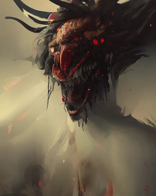 Image similar to a painting of a japanese demon by greg rutkowski, dark fantasy art, high detail, trending on artstation