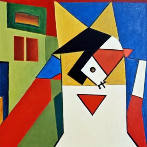 Image similar to a cubism painting of a cat dressed as French emperor Napoleon