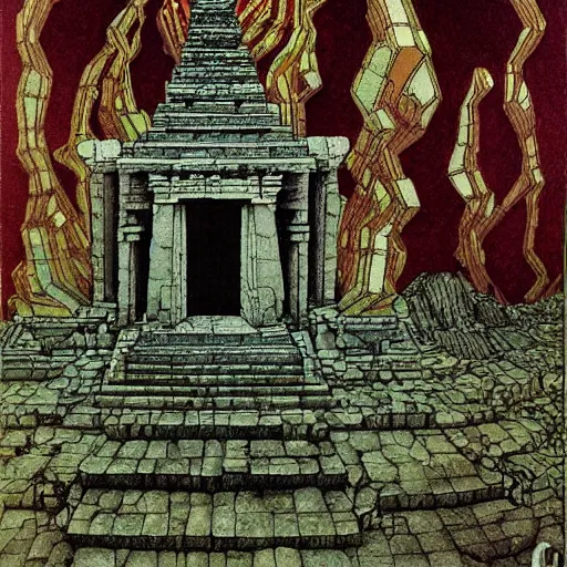 Prompt: highly detailed optical illusion of an ancient temple filled with magical energy by edmund dulac and android jones