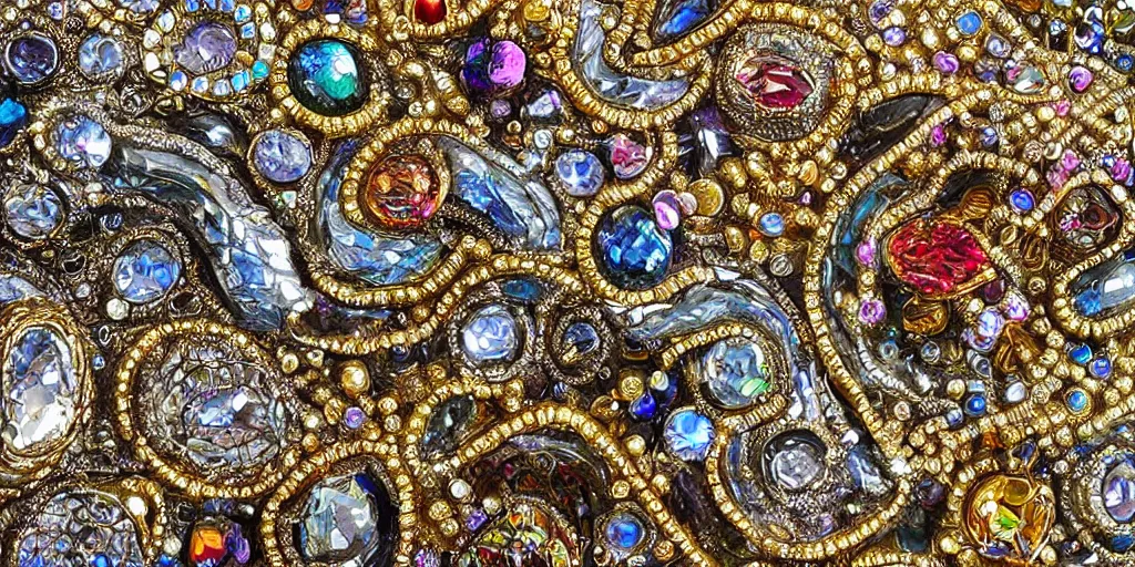 Image similar to an incredibly hyper realistic photorealistic polished multifaceted organic superstructure encrusted with fine detailed intricate priceless gems & jewels with liquid metals flowing throughout reflecting volumetric neon soft glow