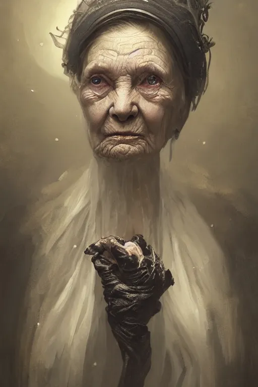 Image similar to A fancy portrait of a strange old women by Greg Rutkowski, Sung Choi, Mitchell Mohrhauser, Maciej Kuciara, Johnson Ting, Maxim Verehin, Peter Konig, Bloodborne, 8k photorealistic, cinematic lighting, HD, high details, dramatic, dark atmosphere, trending on artstation