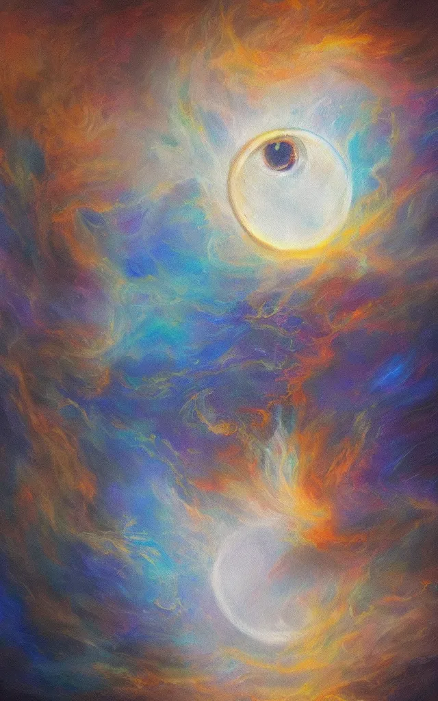 Prompt: iridescent spirit of wrath and fear cruel beautiful spirit with golden eye lunar mythos ambient fog, award winning oil painting, lunar color palette