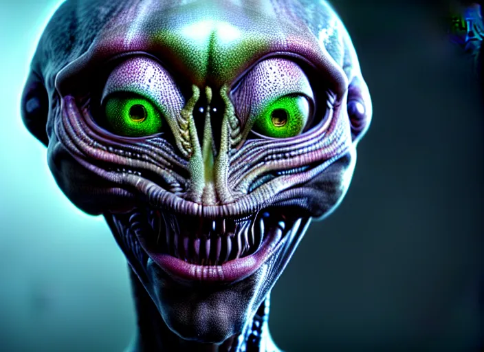 Image similar to hyperrealism, detailed textures, photorealistic 3 d render, an alien with crimsom coloured eyes in a super star system from 5 million years ago, sharp focus, ultra realistic, ultra high pixel detail, cinematic, intricate, cinematic light, concept art, illustration, art station, unreal engine 8 k