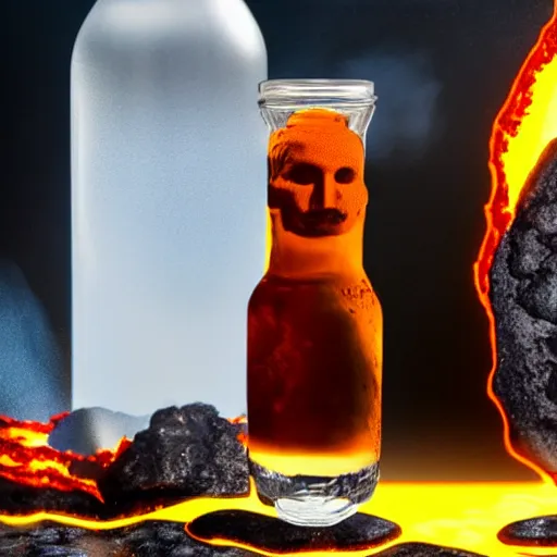 Prompt: a bottle and a glass of lava