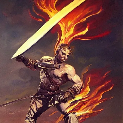 Prompt: a sword where the blade is a fire tornado, painting by frank frazetta, highly detailed, high quality, 8 k, soft lighting, realistic face, path traced