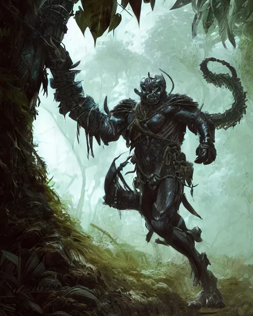 Image similar to Panther warrior in armor sneaking in jungle, portrait, magic the gathering artwork, D&D, fantasy, cinematic lighting, centered, symmetrical, highly detailed, digital painting, artstation, concept art, smooth, sharp focus, illustration, volumetric lighting, epic Composition, 8k, art by Akihiko Yoshida and Greg Rutkowski and Craig Mullins, oil painting, cgsociety