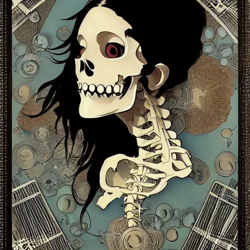 Image similar to anime manga skull portrait girl female skeleton hair illustration detailed ballon emoji patterns in background art Geof Darrow and Phil hale and Ashley wood and Ilya repin alphonse mucha pop art nouveau