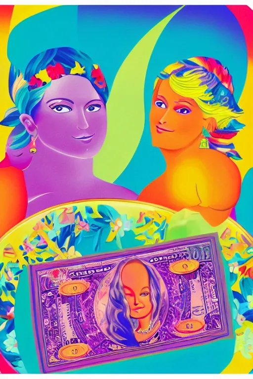 Prompt: a weight with a businesswoman on the left plate and cash on the right plate. illutration by Lisa Frank, minimalist art