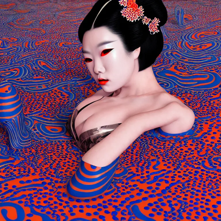 Image similar to hyperrealistic detailed image of a geisha laying in a art installation room, hd smooth interior by yayoi kusama, part by kei mieno, part by ross tran, dark art by james jean, ultra realistic, highly detailed, life like face, detailed body, 8 k, 3 d render by roger magrini, very cohesive, masterpiece