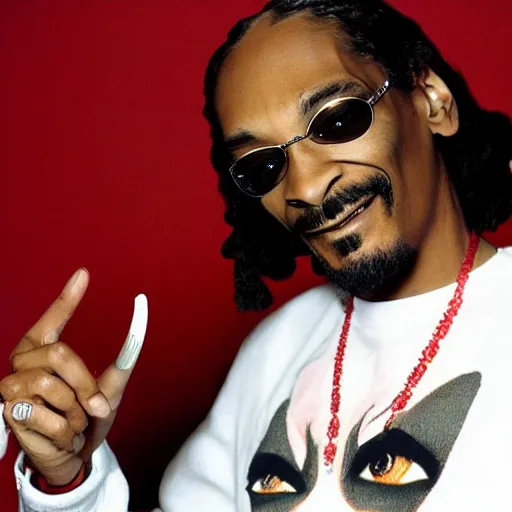 Image similar to Snoop Dog with big eyes eye color red , smiling and holding a joint in his hand