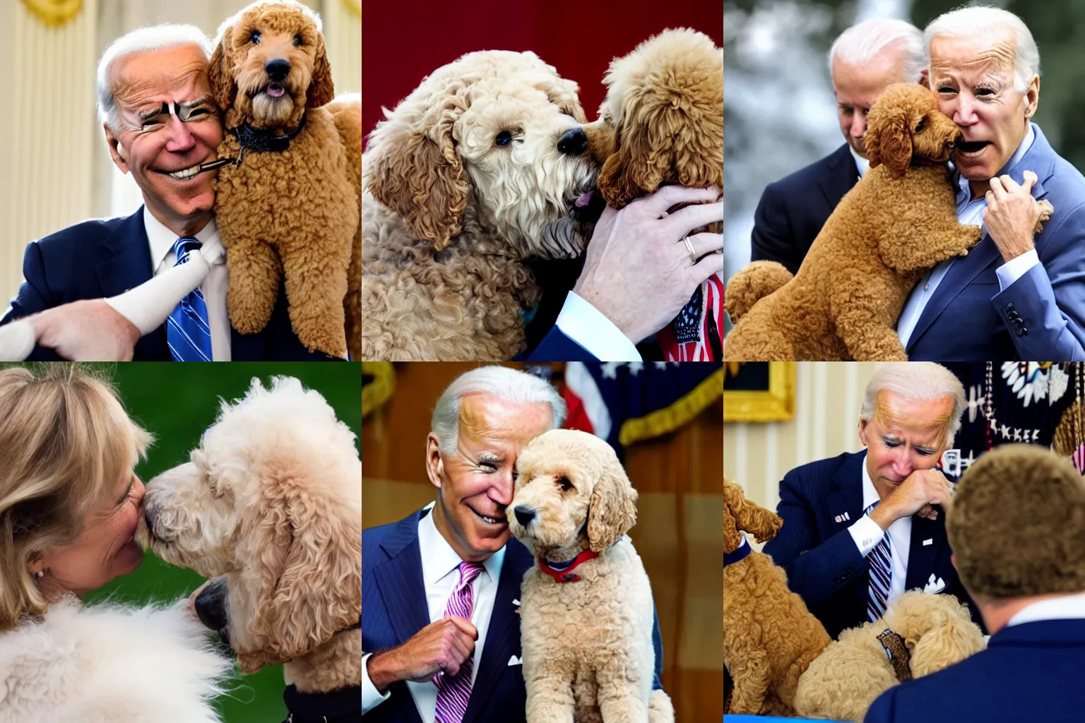 Prompt: Joe Biden sniffing a goldendoodles hair, the goldendoodle looks uncomfortable,