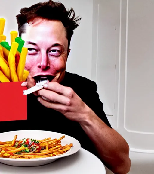 Prompt: an award winning photo of elon musk eating!! crayons!, crayons as french fries, gourmet restaurant, 4 k, high quality