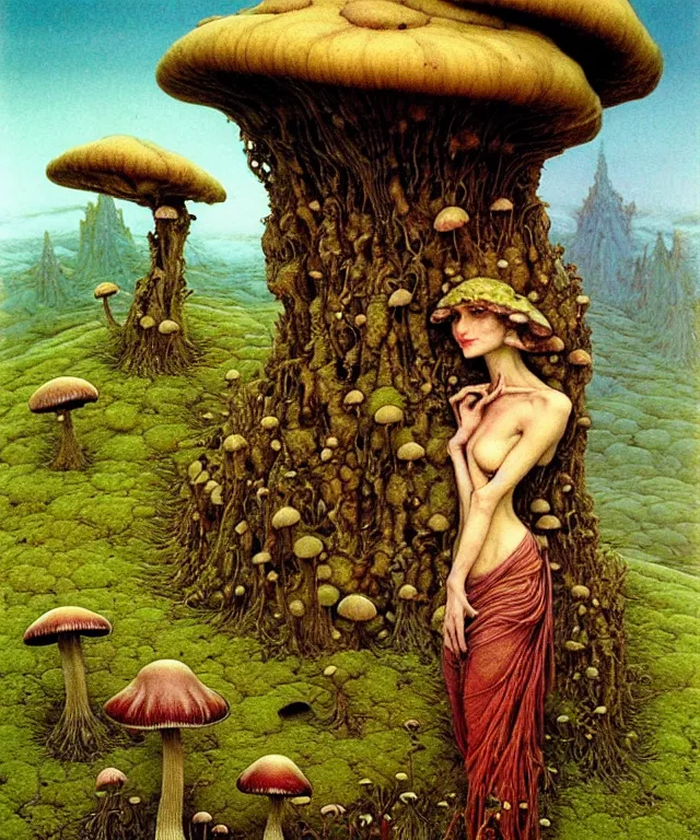 Image similar to A detailed funguswoman stands among the mushroom hills. Wearing a fungus and mushroom . Perfect faces, extremely high details, realistic, fantasy art, solo, masterpiece, art by Zdzisław Beksiński, Arthur Rackham, Dariusz Zawadzki, Edward Robert Hughes, Eugene de Blaas