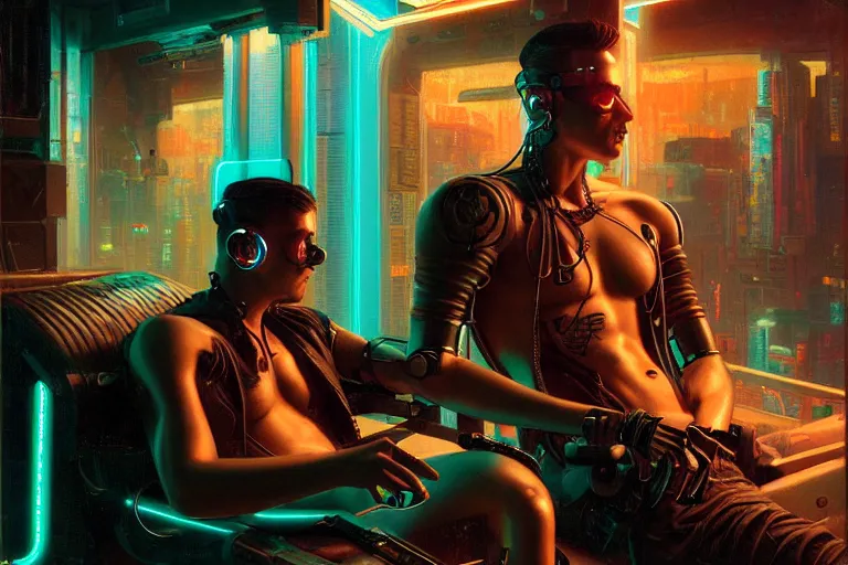 Image similar to cyberpunk style, attractive male with tattoo, robotic arm, neon lights, cool tint, painting by gaston bussiere, craig mullins, j. c. leyendecker, tom of finland