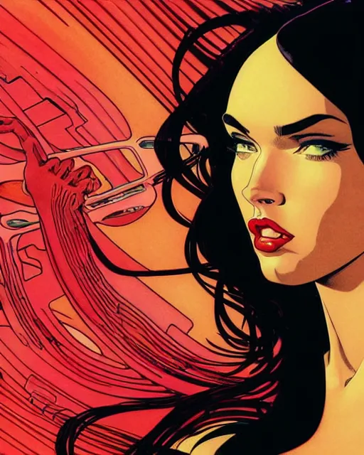 Prompt: low angle closeup very seductive megan fox retro scifi goddess pinup, vr goggles, action glamour pose, windblown dark hair, hyper detailed, digital art, studio lighting, smooth, ambient lighting, sharp focus, frank miller, wlop, fritz willis, anna dittmann, moebius!, alphonse mucha, patrick nagle!!!, rim lighting, synthwave