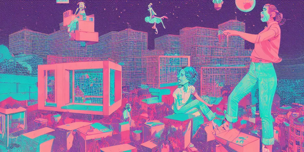 Image similar to risograph illustration, gigantic cat speaking to floating women in the air, cubes of ice around, a lot of tears, people crying, style by alberto mielgo, super - detailed, full - shot, 8 k