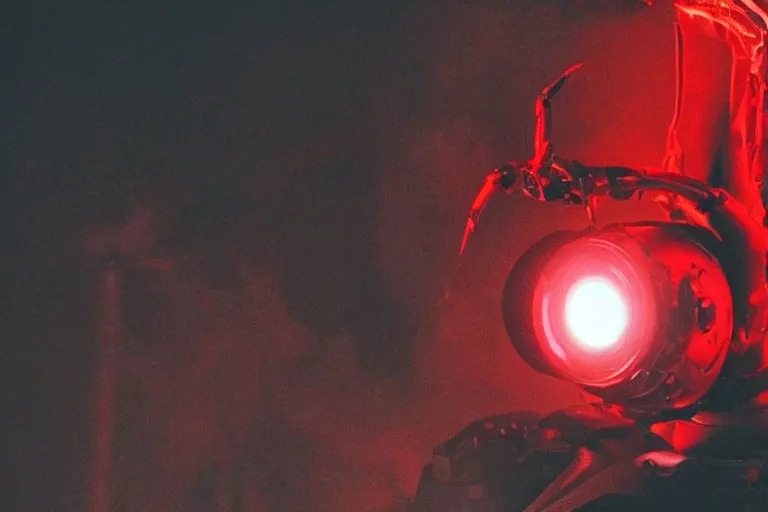 Image similar to a robot monster with red glowing eyes, creepy from darkness, smoke, detailed, wide shot,. - h 4 0 0