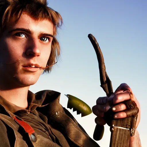 Prompt: close up headshot of a swiss young adult as a skinny high-fantasy elf with a long face narrow chin and spiky blonde hair wearing dark brown overalls and holding a bomb next to a destroyed car, high resolution film still, HDR color