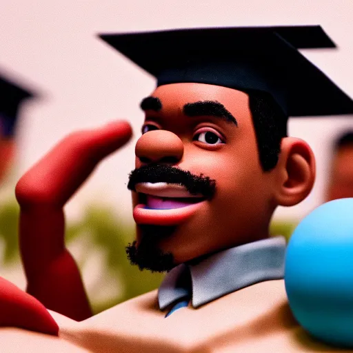 Image similar to a cinematic film still of a claymation stop motion film starring chance the rapper as a college student, shallow depth of field, 8 0 mm, f 1. 8