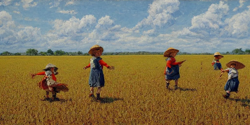 Image similar to The children of scarecrow playing in full ripened fields by James Gurney