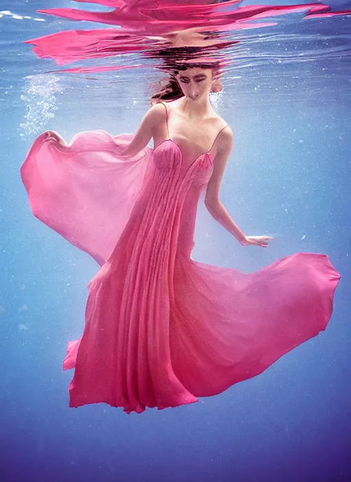 Prompt: long and wide feminine dress underwater together with some flowers, by art kane