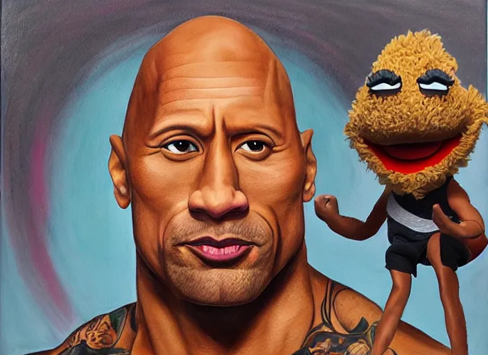 Prompt: a highly detailed beautiful painting of dwayne the rock johnson as a muppet, by albuquerque, rafael