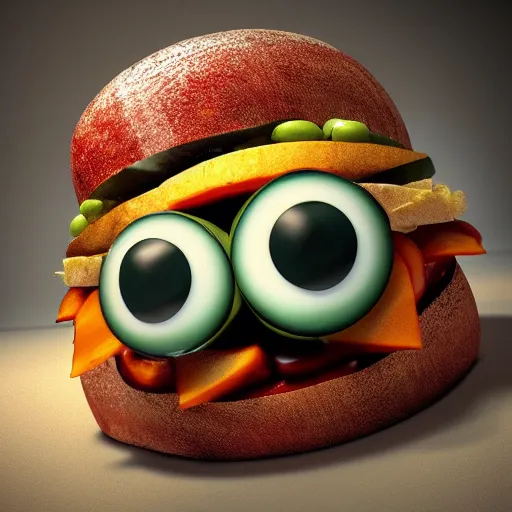 Prompt: a giant sandwich with arms and eyes and a mouth eating a man octane render realistic horror