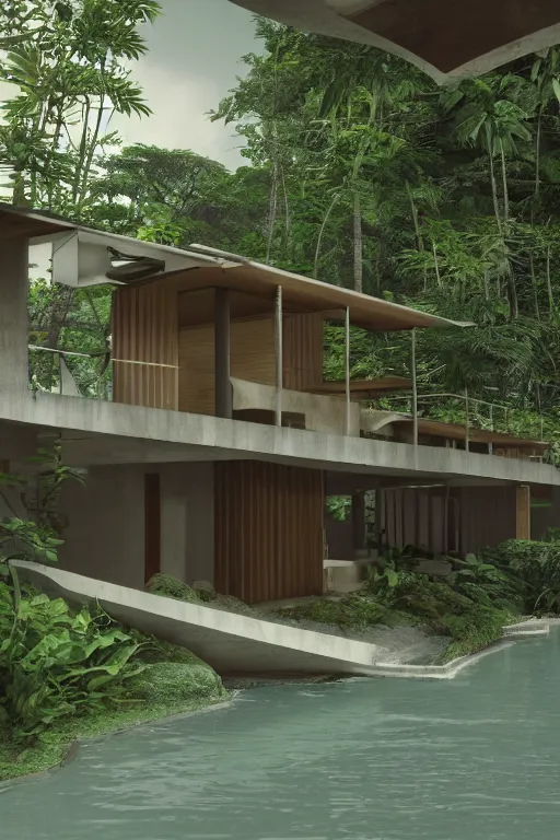 Image similar to architecture inspired by le corbusier in the rainforest. octane render. global illumination. atmospheric. photorealistic. warm colors.