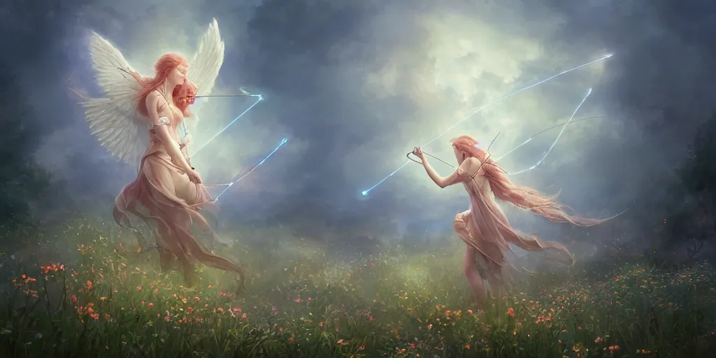 Prompt: An angel with beautiful face shooting luminous arrows with a bow on a country landscape covered with flowers, inspired by Amandine Van Ray, Christophe Vacher, trending on artstation, heavenly colors, volumetric lighting