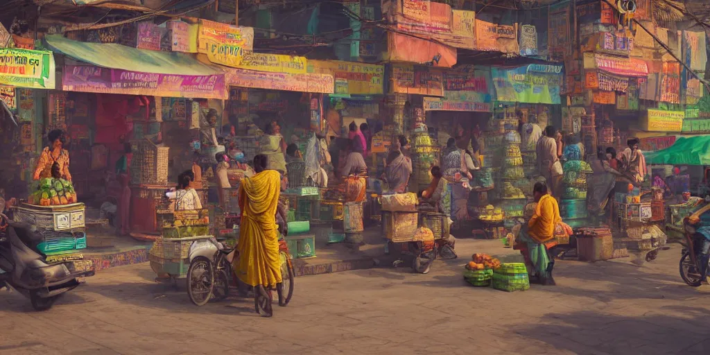 Image similar to A beautiful, surreal, India in a cyberpunk futuristic setting, people haggling with street vendors, ladies buying vegetables, full of details, hyper realistic, trending on artstation, 8K, HD