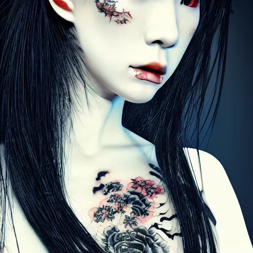 Image similar to japanese gothic model with maximalist hair style and kanji tattoos, dark colors, fashion model, portrait shot, depth of field, 8 k, hyper detailed, intricate, trending on artstation