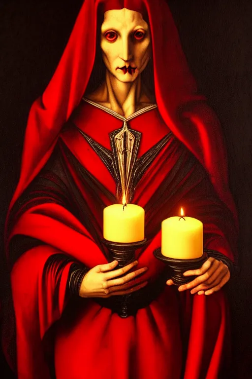 Image similar to a vampire in an ornate red dress, obelisks and black pyramids, candle light, oil painting, high detail, dark lighting, atmospheric, extremely detailed, intricate, da vinci, michelangelo, caravaggio, hans holbein, raphael, donatello, 8 k