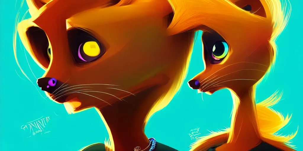 Image similar to curved perspective, extreme narrow, extreme fisheye, digital art of a female marten animal cartoon character wearing jewlery with blonde hairstyle by anton fadeev from nightmare before christmas