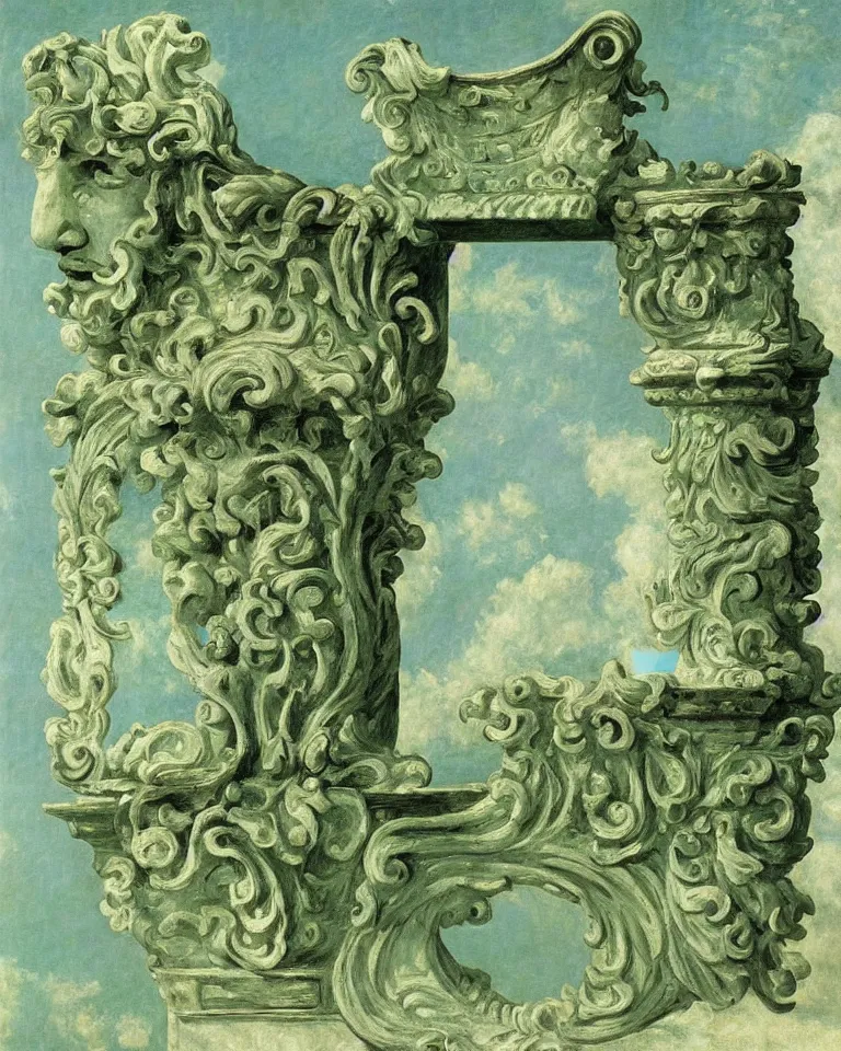 Image similar to achingly beautiful painting of intricate ancient roman corinthian capital on jade background by rene magritte, monet, and turner. giovanni battista piranesi.