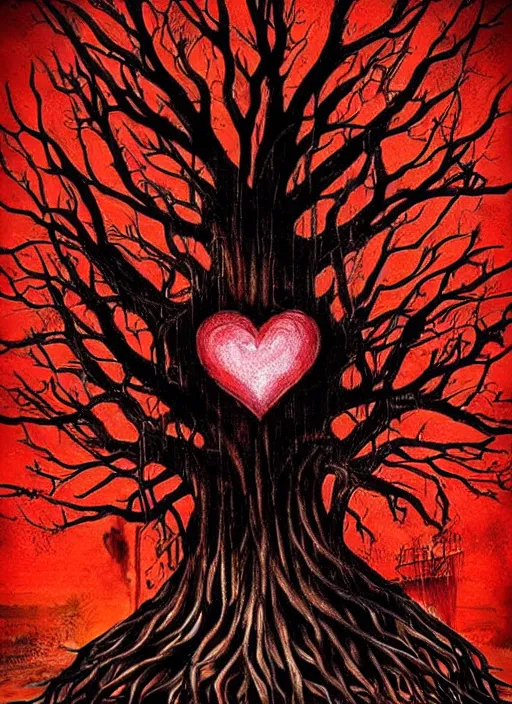 Image similar to dripping heart in fire ❤🔥 with roots growing above it, sadness, dark ambiance, concept by godfrey blow and banksy, featured on deviantart, sots art, lyco art, artwork, photoillustration, poster art, black and red