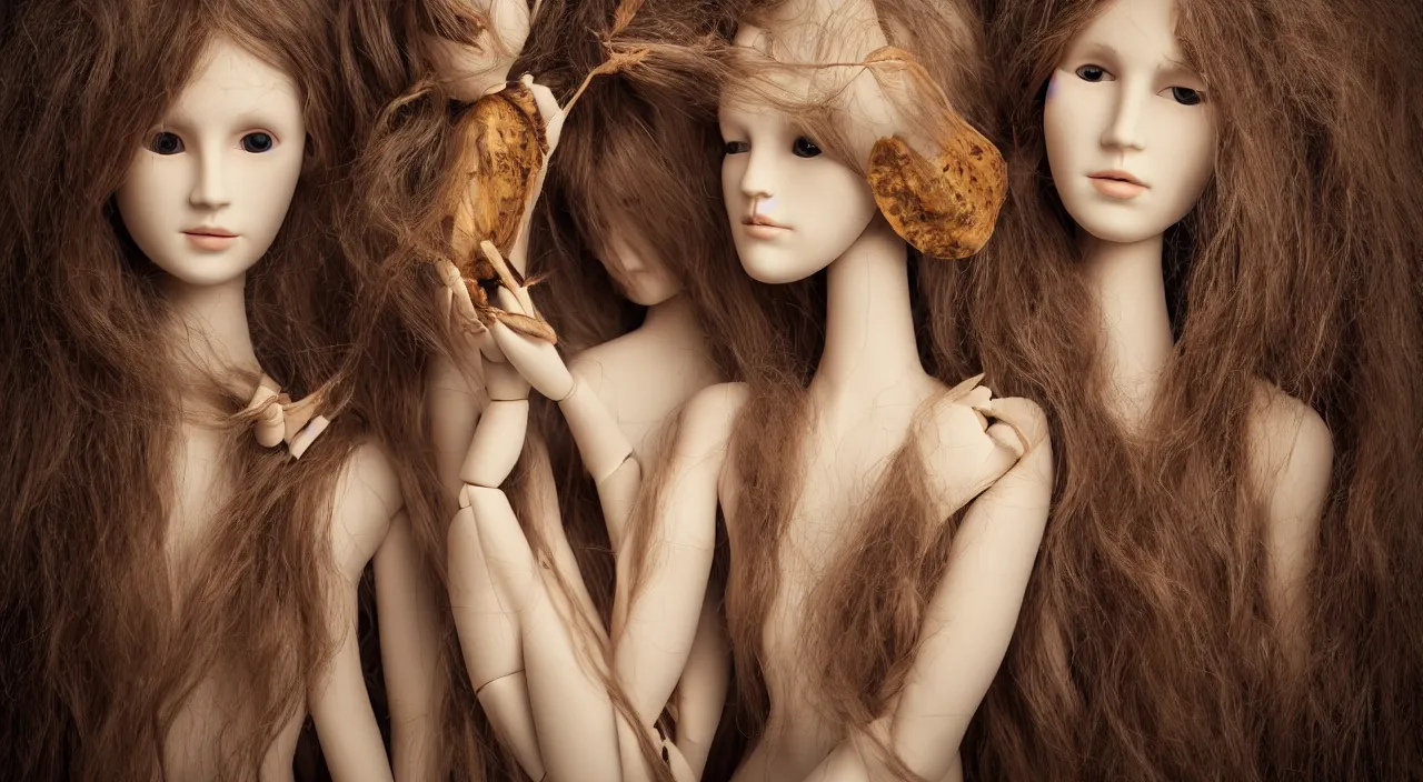 Prompt: head and shoulders portrait of a beautiful female mannequin, jointed wooden dolls with long flowing hair, holding each other, holding a large moth in her hands, moths, by Nina Masic by Flora Borsi