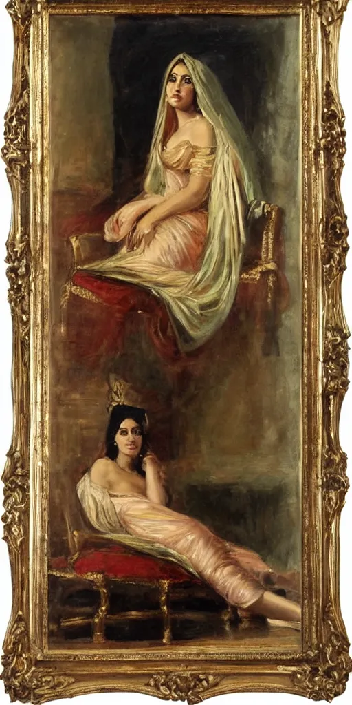 Image similar to romantic period style highly atmospheric oil painting of a middle eastern woman lounging on a chair, wearing a golden veil