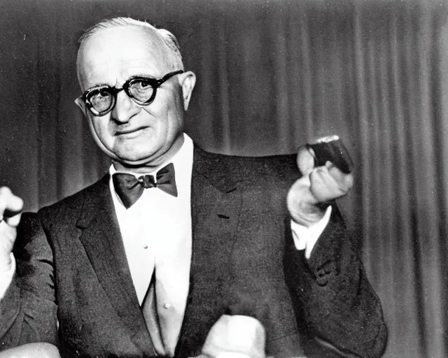 Prompt: US president Harry Truman has been replaced by a reptilian alien, 1951, early black and white photo, cdx