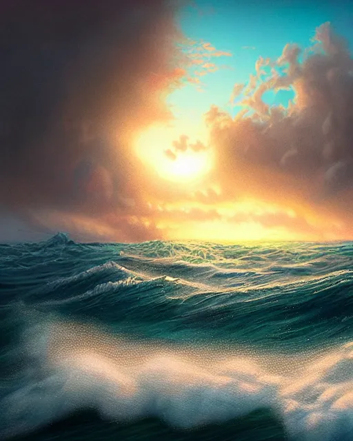 Image similar to highly open sea with big waves, sunset, hyper realistic, artstation, illustration, nicoletta ceccoli, mark ryden, lostfish, dan decarlo, bob clampett, max fleischer, digital paint, matte paint, vivid colors, detailed and intricate environment