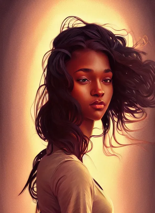 Image similar to handsome young black women with shoulder length brown hair, half body shot, path traced, highly detailed, high quality, digital painting, alena aenami, lilia alvarado, shinji aramaki, karol bak, alphonse mucha, tom bagshaw