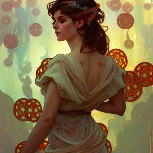 Prompt: Portrait of girl surrounded by floating nodes, face, fantasy, intricate, elegant, highly detailed, digital painting, artstation, concept art, smooth, sharp focus, illustration, art by Greg Manchess and Fernanda Suarez and Artem Demura and alphonse mucha