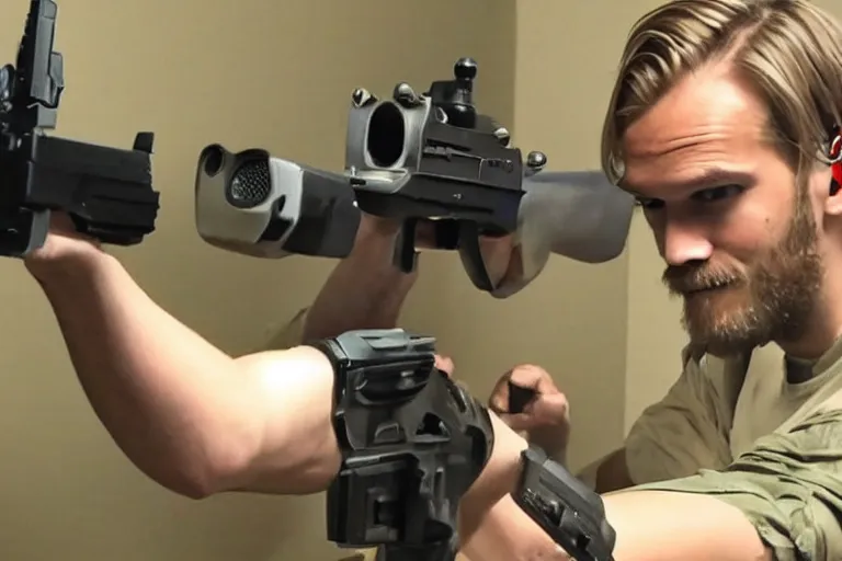 Prompt: pewdiepie doing a gaming video with a gun