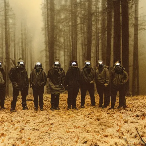 Image similar to high realistic photo portrait group of men with gas masks in a foggy forest, cinestill 800t 35mm, heavy grain, high quality