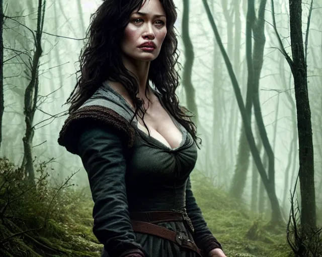 Image similar to 5 5 mm portrait photo of olga kurylenko as real life tough looking yennefer of vengerberg, in a forest. magical atmosphere. art by greg rutkowski. highly detailed 8 k. intricate. lifelike. soft light. nikon d 8 5 0.