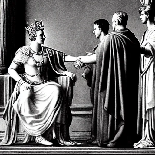 Prompt: detailed black and white photo of queen elizabeth ii meeting julius caesar in ancient rome